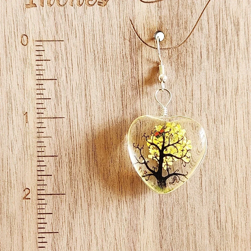 Handmade Heart-Shaped Tree with Yellow Blossoms Dangle‎ Earrings NEW Ladies